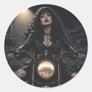 Beautiful Romantic Gothic Woman on Motorcycle Classic Round Sticker