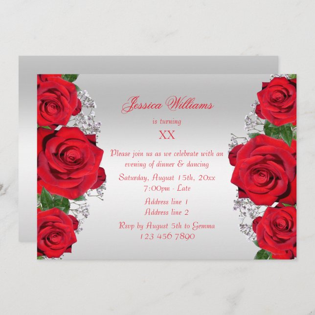 Beautiful Romantic Red Roses Birthday Invitation (Front/Back)