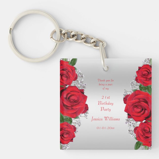 Beautiful Romantic Red Roses Birthday Key Ring (Front)