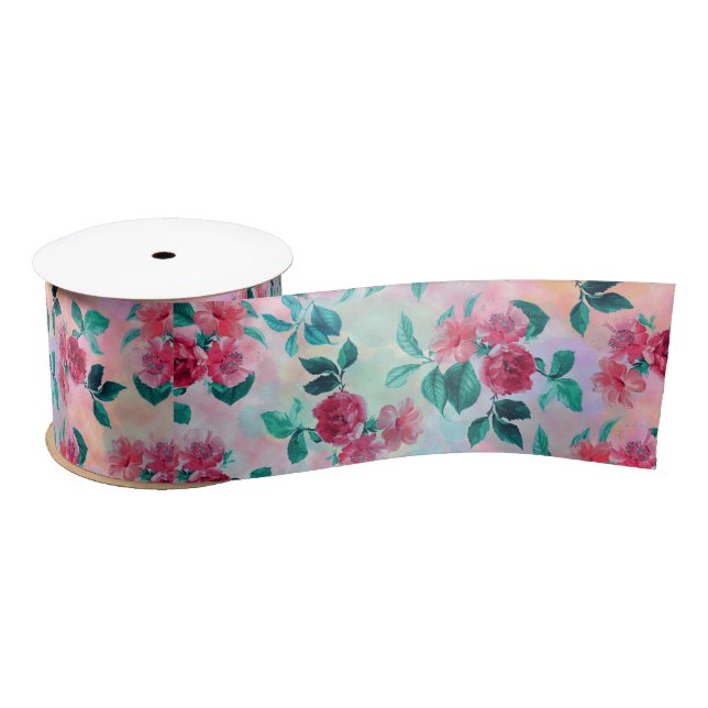 Beautiful romantic watercolor roses floral pattern satin ribbon (Spool)