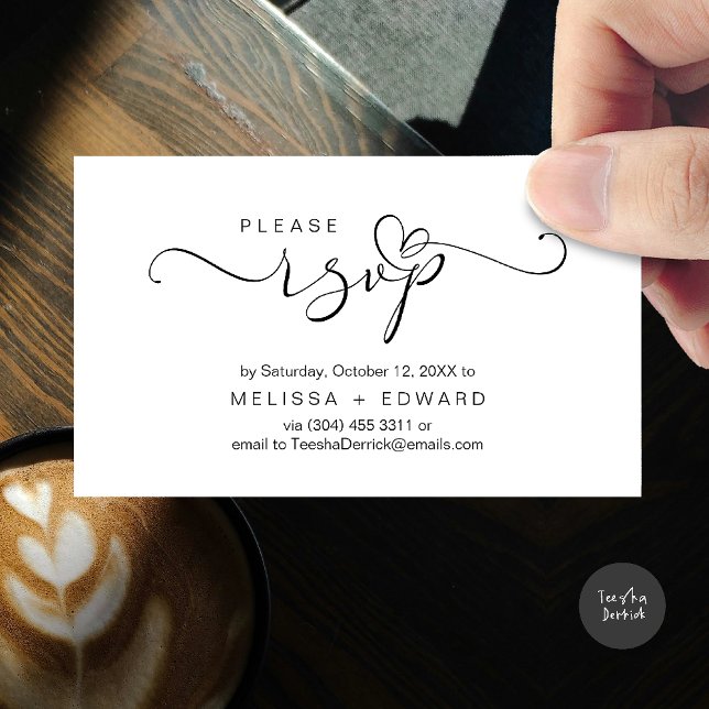 Beautiful Romantic Wedding Invites RSVP Card (Wedding invitation RSVP via Phone or email respond reminder Enclosure Card in aesthetic White Black)