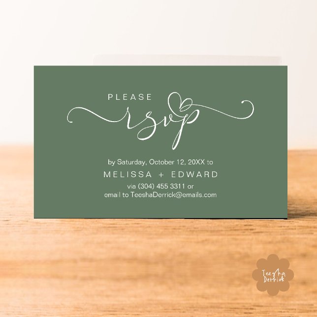 Beautiful Romantic Wedding Invites RSVP Card (Wedding invitation RSVP via Phone or email respond reminder Enclosure Card in aesthetic Sage Green)