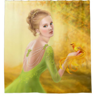 Beautiful romantic woman and fantasy gold bird shower curtain