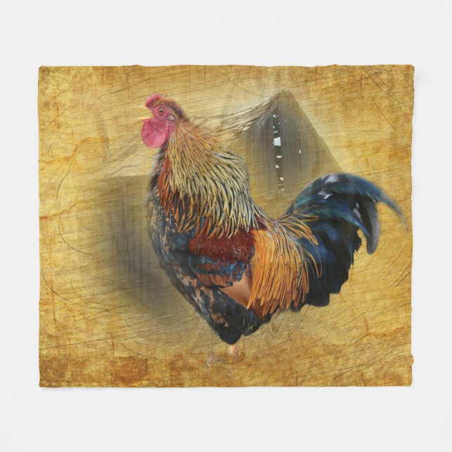 Beautiful Rooster and Rustic Barn Chicken Coop Fleece Blanket (Front (Horizontal))