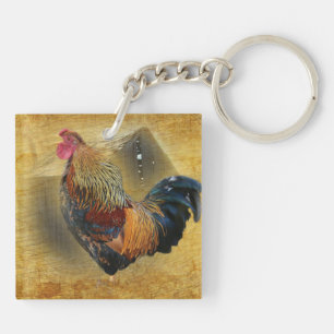 Beautiful Rooster and Rustic Barn Chicken Coop Key Ring