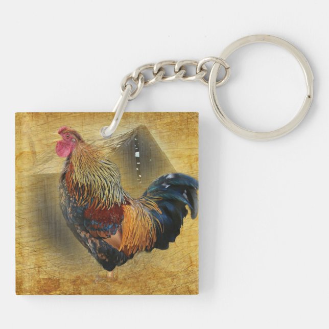 Beautiful Rooster and Rustic Barn Chicken Coop Key Ring (Back)