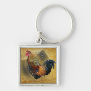 Beautiful Rooster and Rustic Barn Chicken Coop Key Ring
