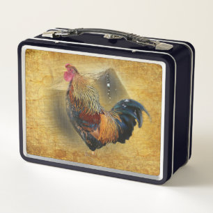 Beautiful Rooster and Rustic Barn Chicken Coop Metal Lunch Box