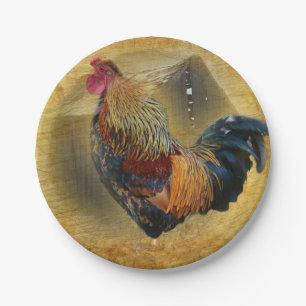 Beautiful Rooster and Rustic Barn Chicken Coop Paper Plate