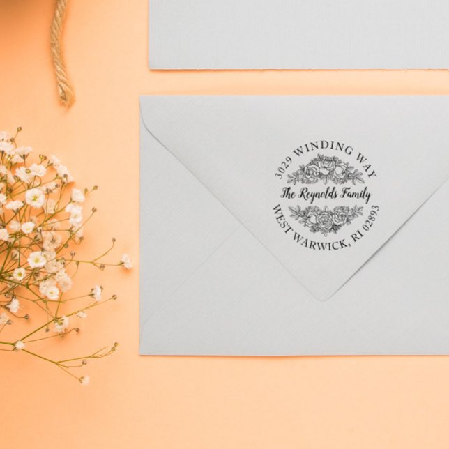 Beautiful Rose Bouquet Lineart Name & Address Rubber Stamp (Creator Uploaded)