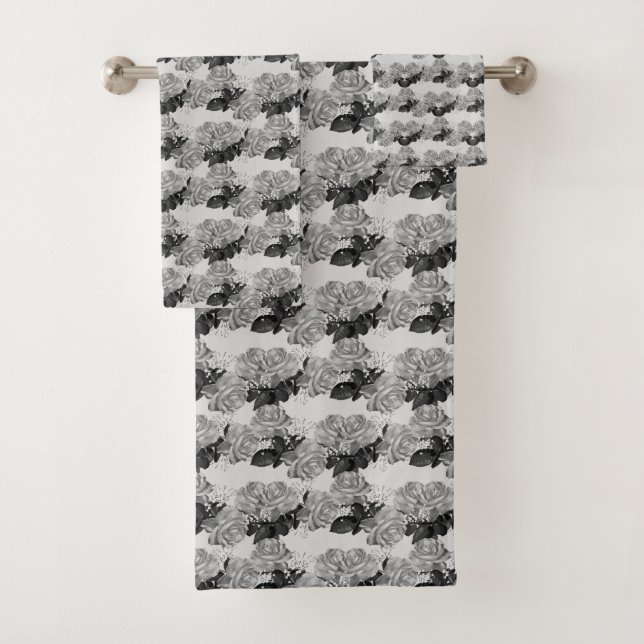 Beautiful Rose Flowers on Light Silver Grey Shades Bath Towel Set (Insitu)