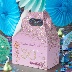 Beautiful Rose Gold Glitter Ribbon 50th Birthday Favour Box