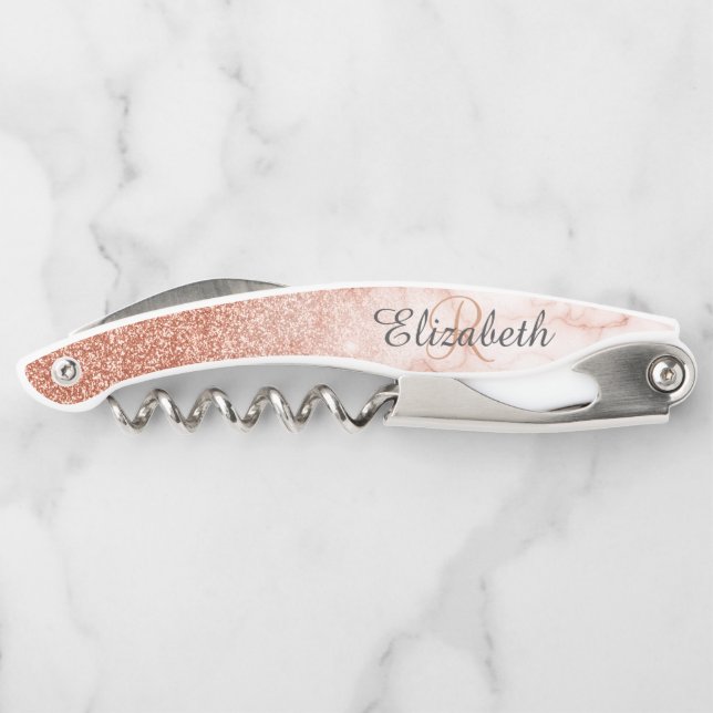 Beautiful Rose Gold Marble Monogram Glitter Corkscrew (Back)