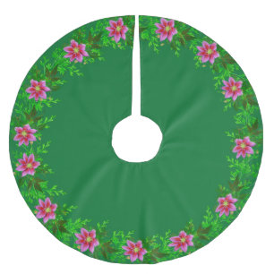 Beautiful Rose Gold Pink Flower Garland on Green Brushed Polyester Tree Skirt