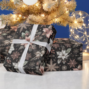 Beautiful Rose Gold Snowflakes and Poinsettias Wrapping Paper