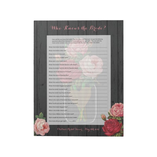 Beautiful Rose Mason Jar Bridal Shower Game Notepad (Rotated)