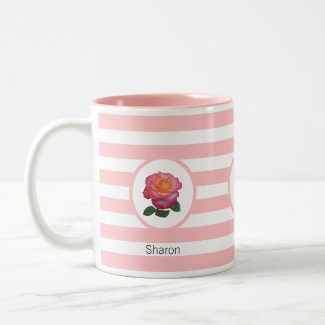 Beautiful Rose on Pink & White Striped Two-Tone Coffee Mug (Left)