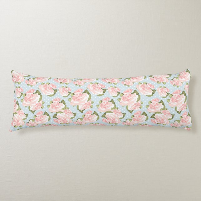 Beautiful rose pattern with blue polka dots body cushion (Front)