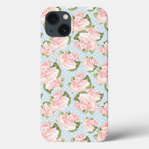 Beautiful rose pattern with blue polka dots iPhone 13 case
