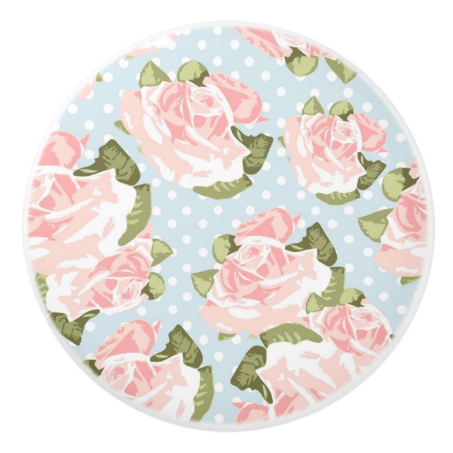 Beautiful rose pattern with blue polka dots ceramic knob (Front)