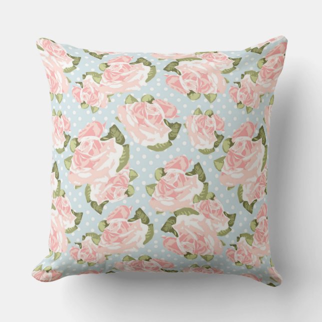 Beautiful rose pattern with blue polka dots cushion (Front)
