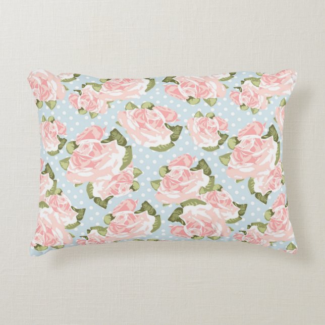 Beautiful rose pattern with blue polka dots decorative cushion (Front)