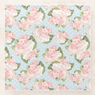 Beautiful rose pattern with blue polka dots glass coaster