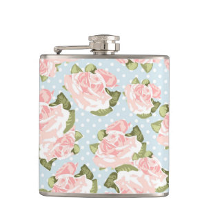 Beautiful rose pattern with blue polka dots hip flask
