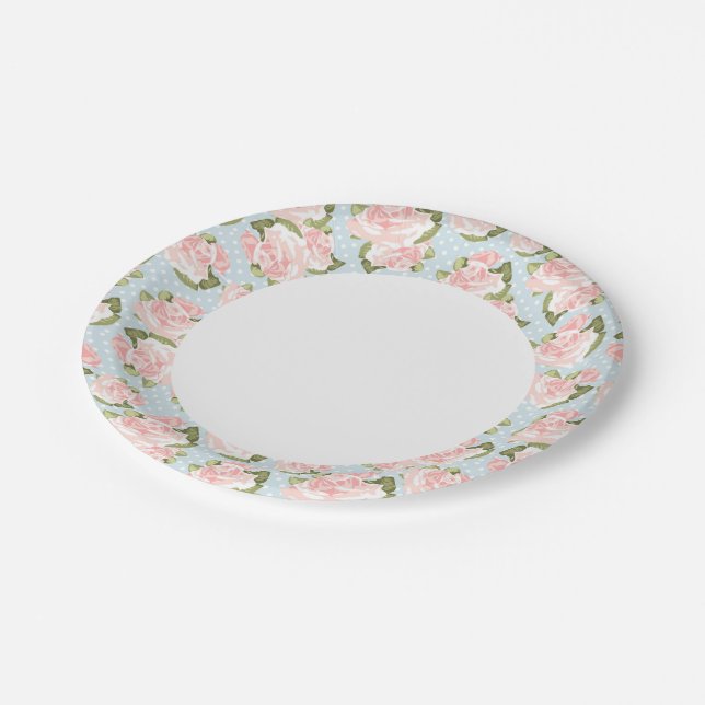 Beautiful rose pattern with blue polka dots paper plate (Angled)
