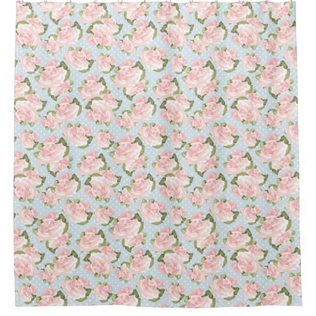 Beautiful rose pattern with blue polka dots shower curtain (Front)