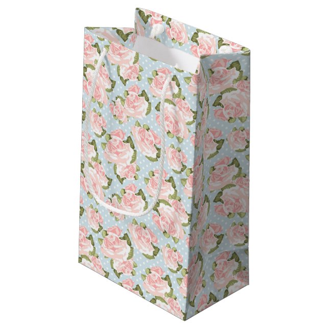 Beautiful rose pattern with blue polka dots small gift bag (Back Angled)