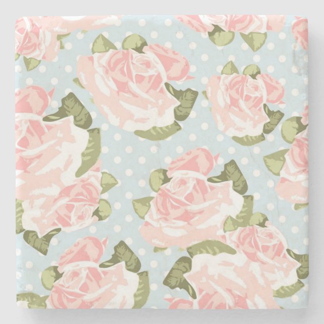 Beautiful rose pattern with blue polka dots stone coaster (Front)