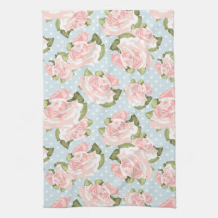 Beautiful rose pattern with blue polka dots tea towel