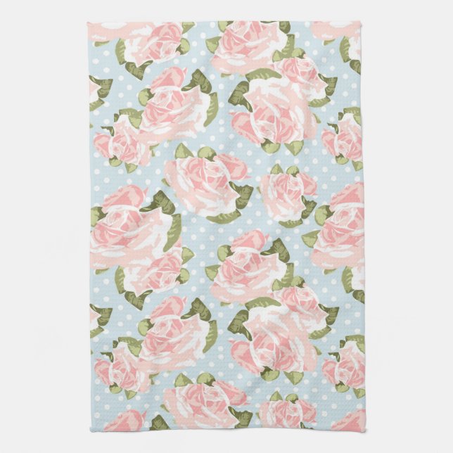 Beautiful rose pattern with blue polka dots tea towel (Vertical)