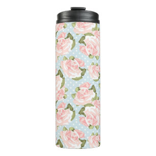 Beautiful rose pattern with blue polka dots thermal tumbler