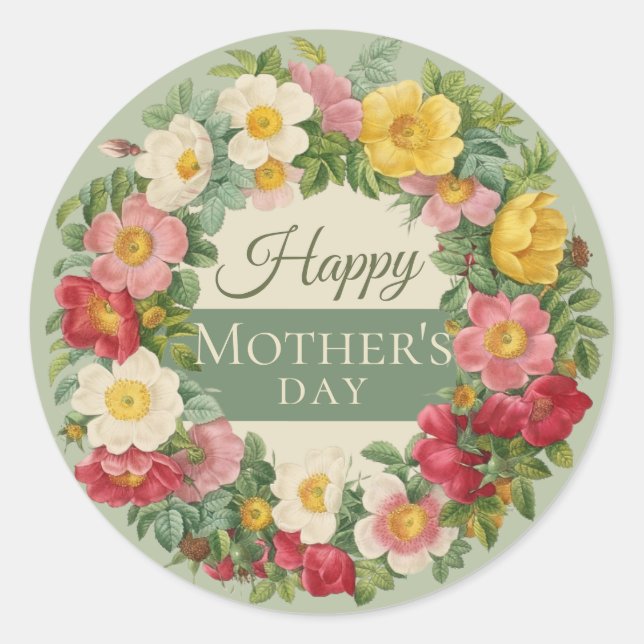 Beautiful rose wreath Redouté CC1116 Mother's day Classic Round Sticker (Front)