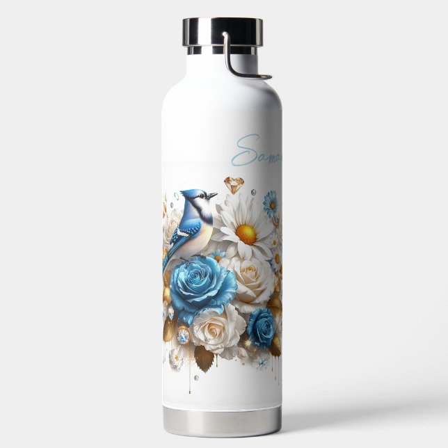 Beautiful Roses, Daisies and a Blue Jay Water Bottle (Left)