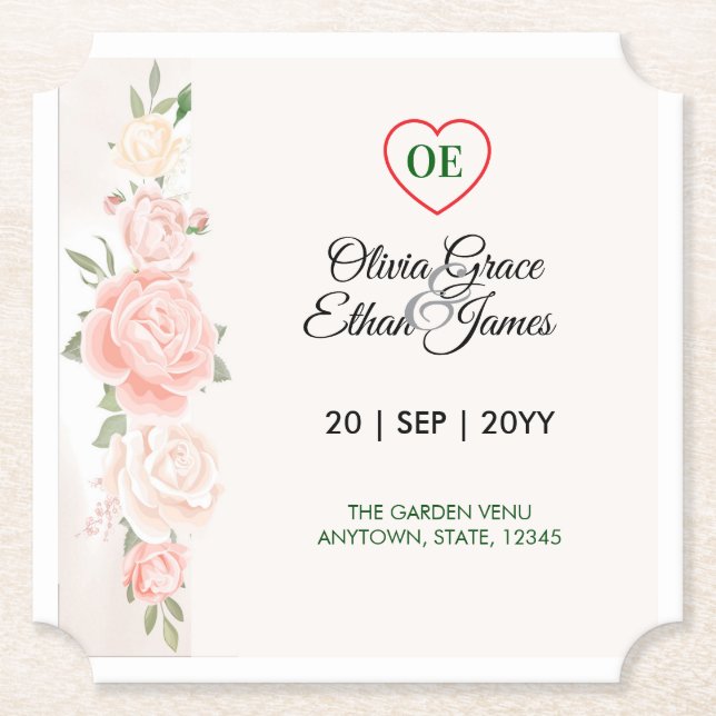 Beautiful Roses Floral Wedding  Paper Coaster (Front)