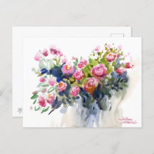 Beautiful Roses. Watercolor art Holiday Postcard