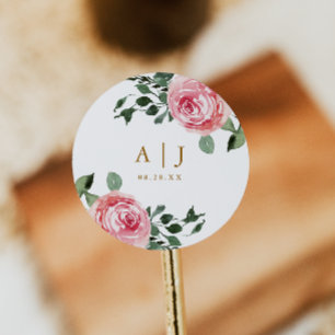 Beautiful Roses with Monogram and Wedding Date Classic Round Sticker
