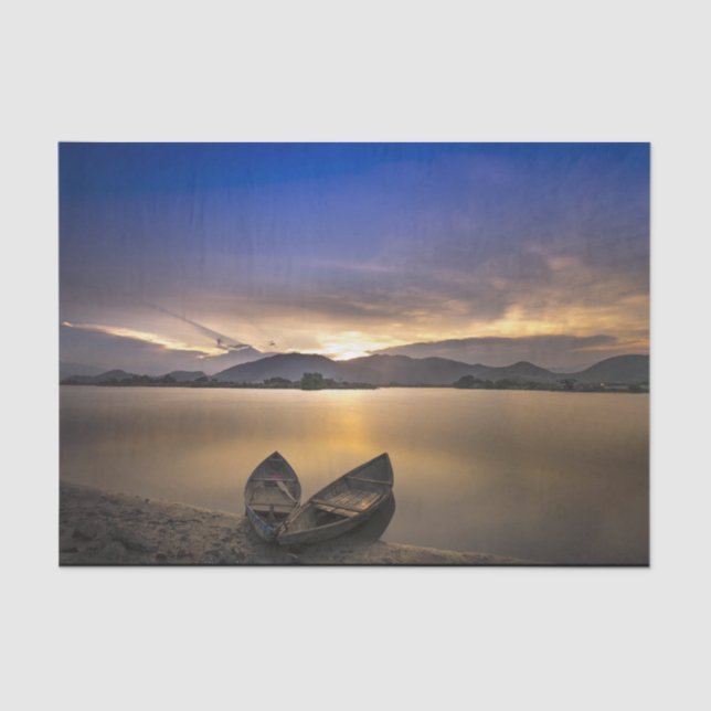 Beautiful Rowboats Water Sunrise Photo Tissue Paper (Front)