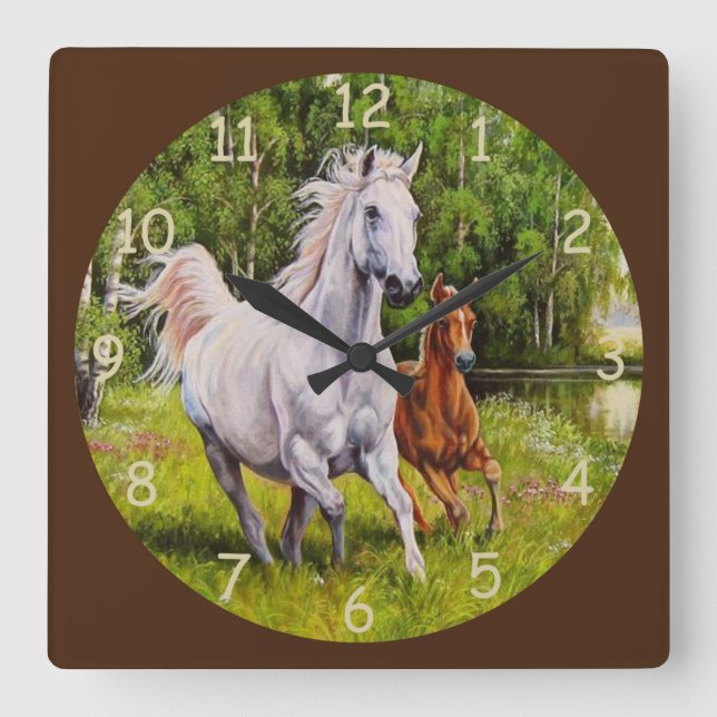 Beautiful Running Horses Fine Art Square Wall Clock (Front)