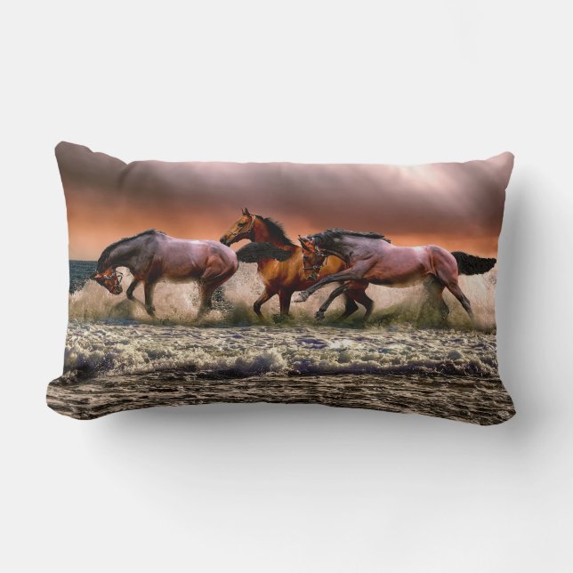 Beautiful Running Horses in Surf Lumbar Cushion (Front)