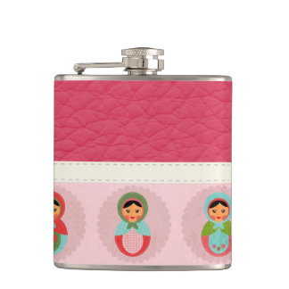 Beautiful Russian Nesting Dolls on Leather Hip Flask
