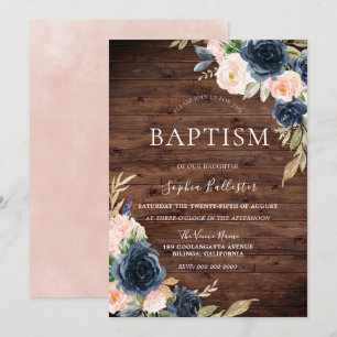 Beautiful Rustic Blush Navy Flowers Girls Baptism Invitation