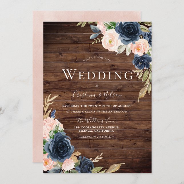 Beautiful Rustic Blush & Navy Flowers Wedding Invitation (Front/Back)