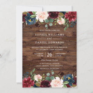 Beautiful Rustic Burgundy Blush Floral Wedding Invitation