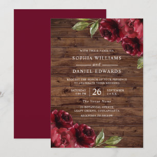 Beautiful Rustic Burgundy Red Flowers Wedding Invitation