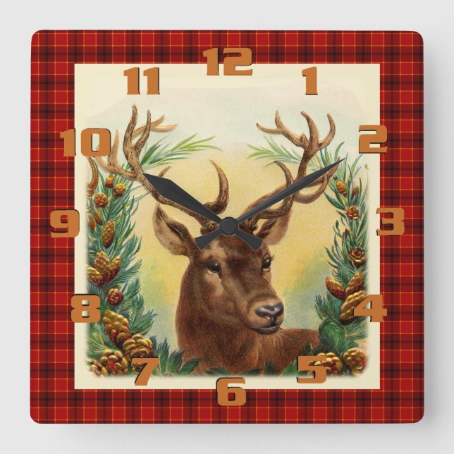 Beautiful Rustic Christmas Deer On Plaid Square Wall Clock (Front)
