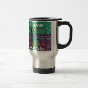 Beautiful rustic cracked mud love heals text art travel mug